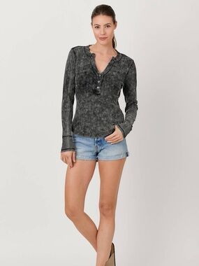 Mystree Charcoal Acid Wash Henley Long Sleeve Top – Size L